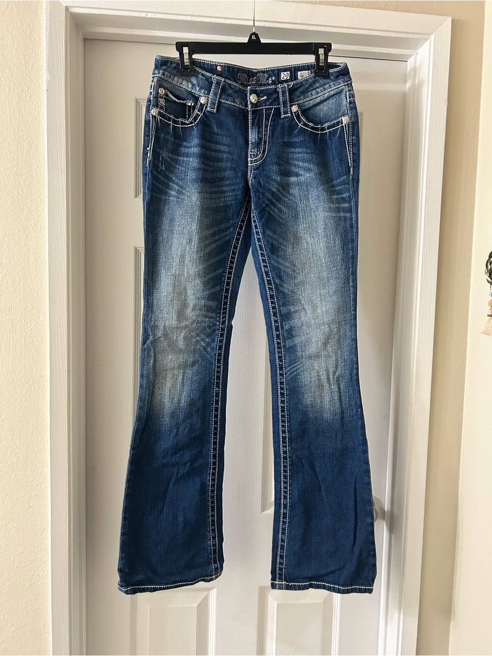 Miss Me Dark Blue Bootcut Jeans with Faded Whiskering